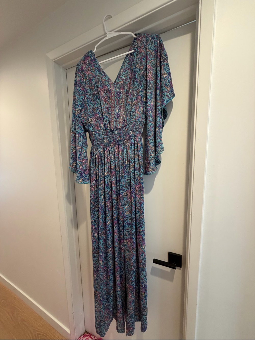 Boho V-Neck Maxi Dress in Blue Paisley